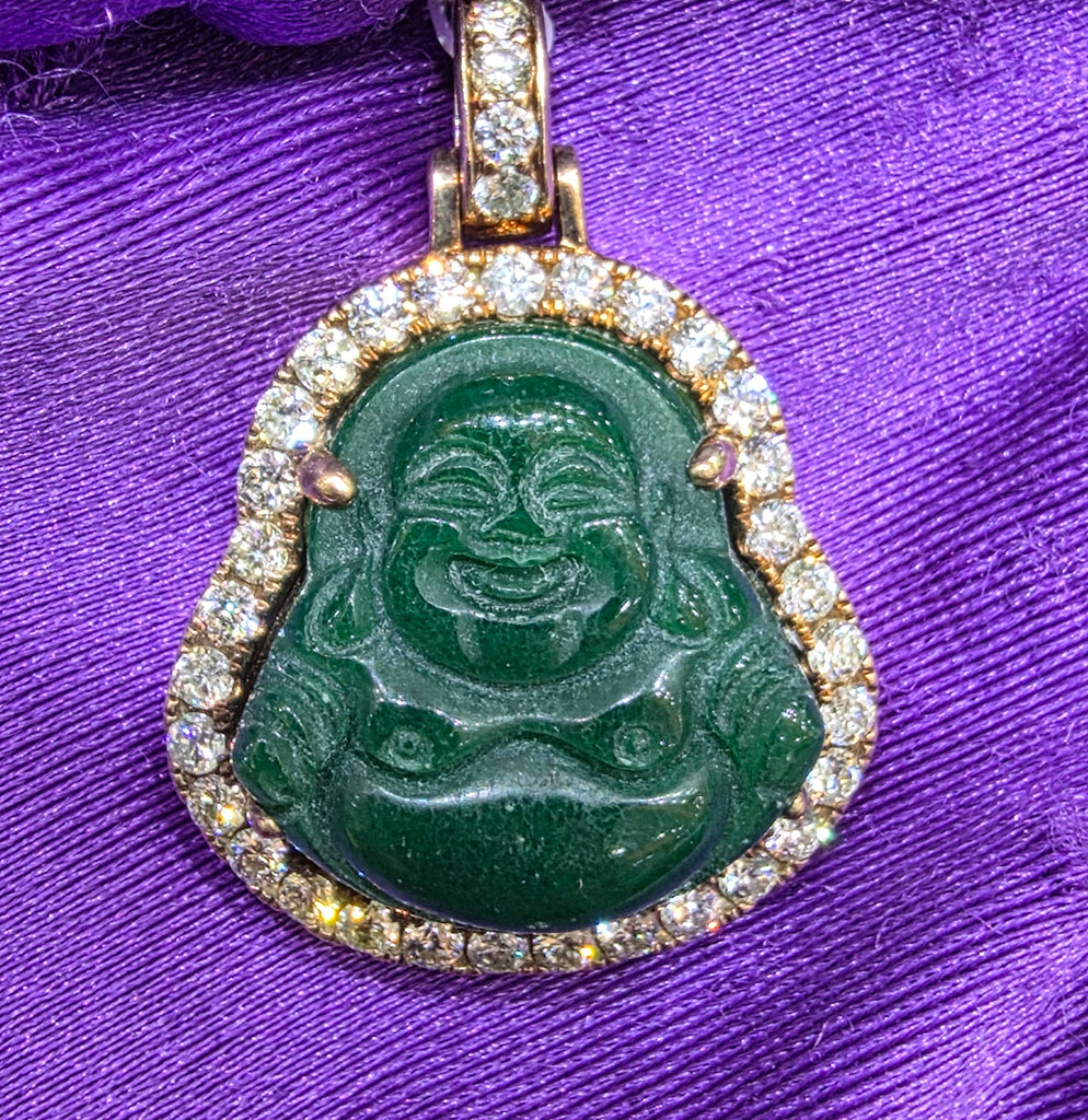 10K YG GREEN LAUGHING BUDDAH PENDANT 1.20CTW W/ CHAIN