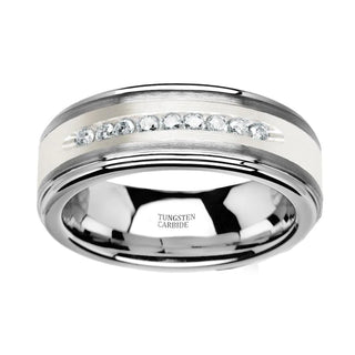 White Diamond Wedding Band - Tungsten Ring - Silver Tungsten - Silver Inlay Center - 9 Channel Set White Diamonds - Tungsten Wedding Band