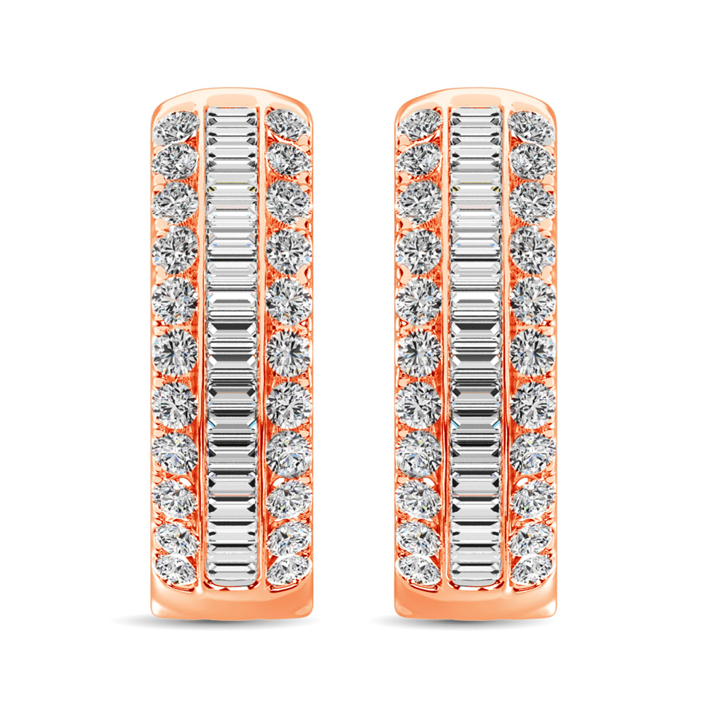 Ronda de oro rosa de 14 quilates y diamante de talla baguette de 1/2 quilate. Aretes de aro