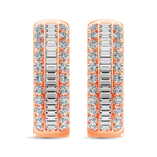 14K Rose Gold Round and Baguette Diamond 1/2 Ct.Tw. Hoop Earrings