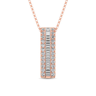 14K Rose Gold Round and Baguette Diamond 1/3 Ct.Tw. Drop Bar Pendant
