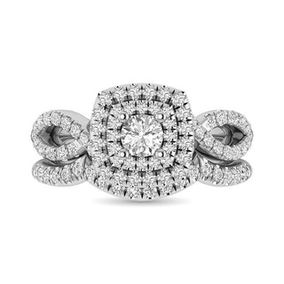 Diamond Twist Shank Double Halo Bridal Ring 3/4 ct tw Round Cut in 14K White Gold