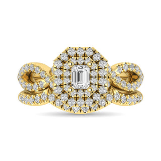 Diamond  Twist Shank Double Halo Bridal Ring 1 ct tw Emerald Cut in 14K Yellow Gold
