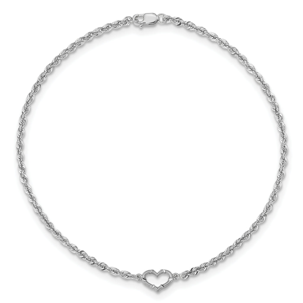 14k White Gold Diamond-cut Rope with Heart 10in Anklet