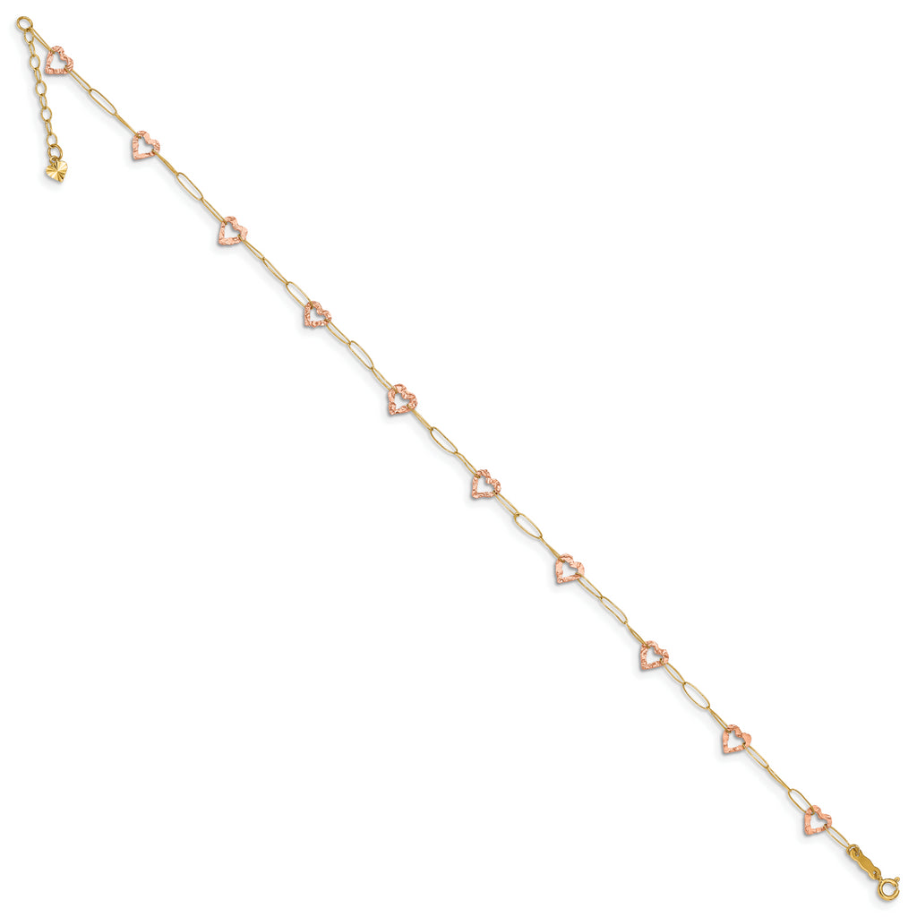 14k Two-tone Adjustable Heart 9in Plus 1in extension Anklet