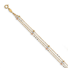 Load image into Gallery viewer, 14k Tri-color 3-Strand Diamond-cut Beaded 9in Plus 1in ext Anklet