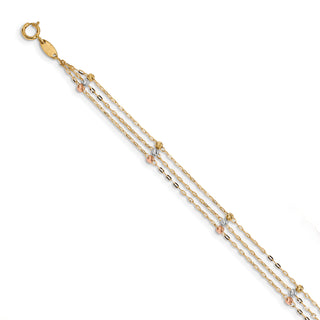 14k Tri-color 3-Strand Diamond-cut Beaded 9in Plus 1in ext Anklet