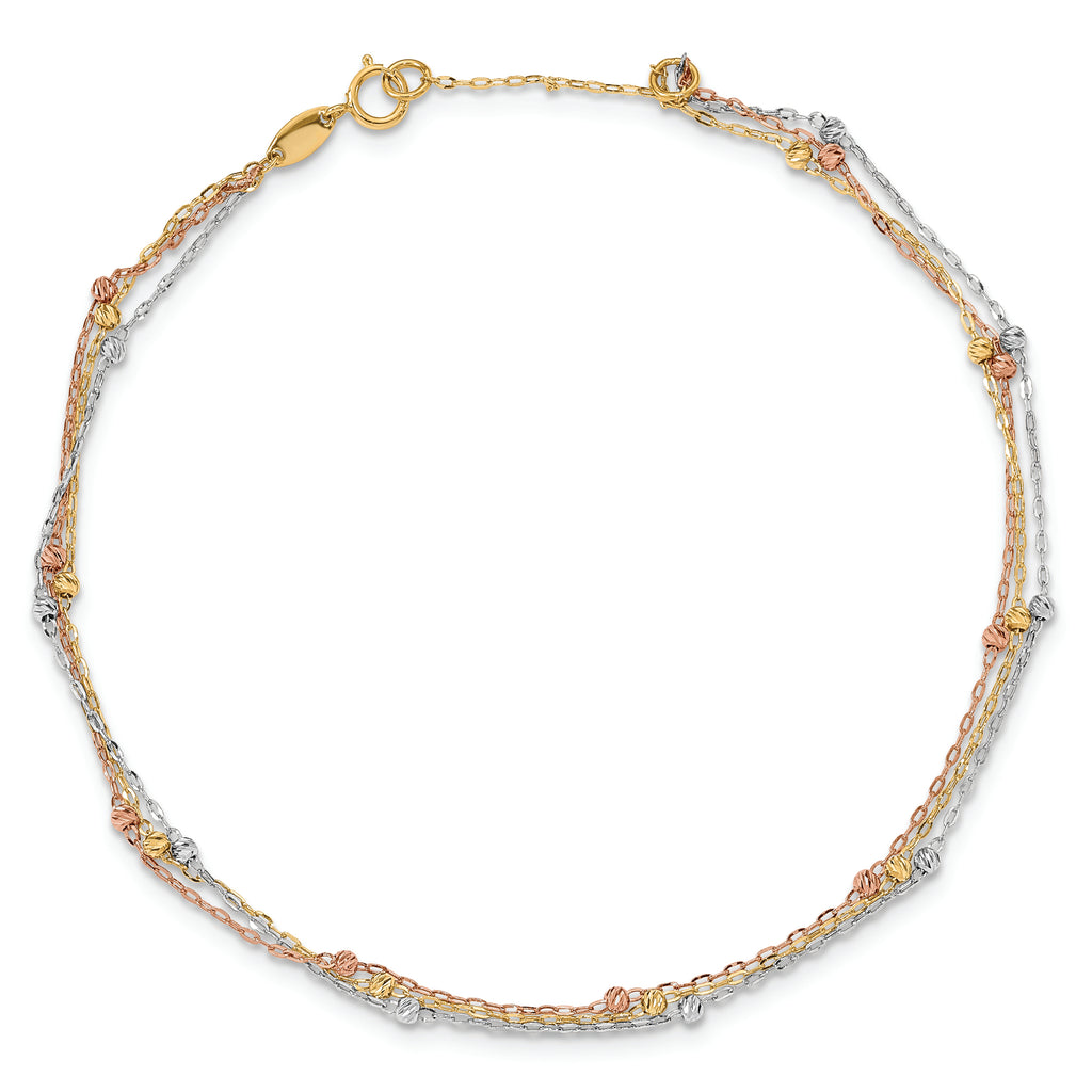 14k Tri-color 3-Strand Diamond-cut Beaded 9in Plus 1in ext Anklet