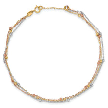Load image into Gallery viewer, 14k Tri-color 3-Strand Diamond-cut Beaded 9in Plus 1in ext Anklet