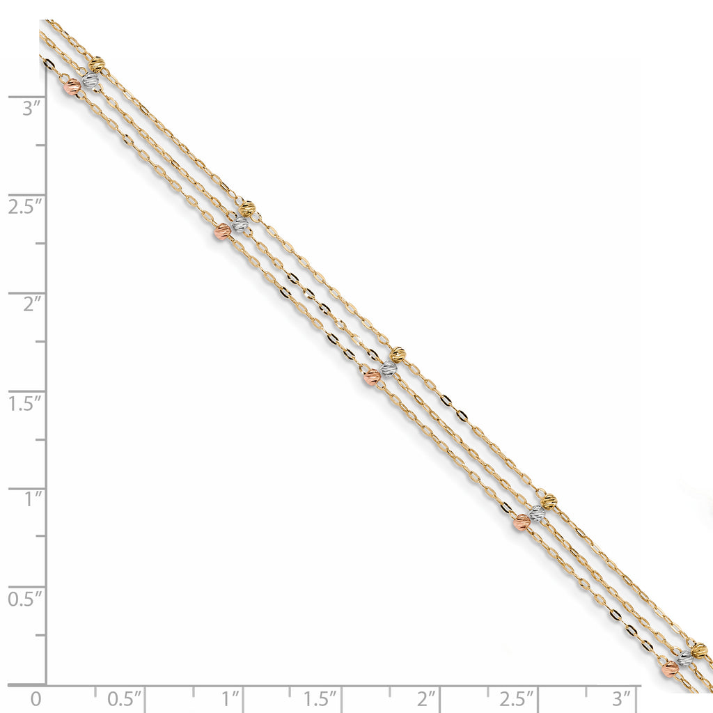 14k Tri-color 3-Strand Diamond-cut Beaded 9in Plus 1in ext Anklet