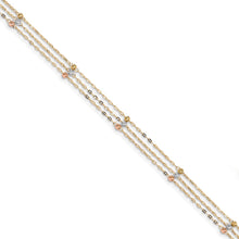 Load image into Gallery viewer, 14k Tri-color 3-Strand Diamond-cut Beaded 9in Plus 1in ext Anklet