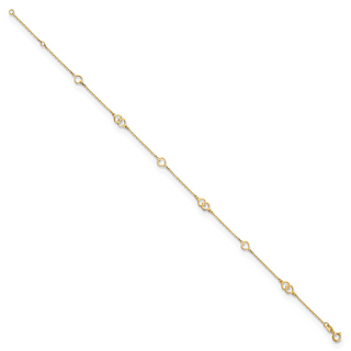 14K Polished Hearts 9in Plus 1 in ext. Anklet