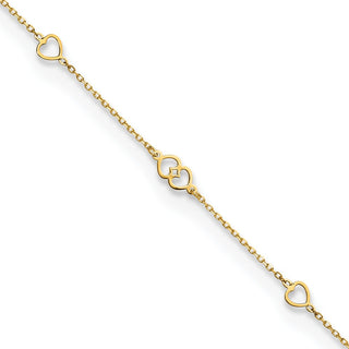14K Polished Hearts 9in Plus 1 in ext. Anklet