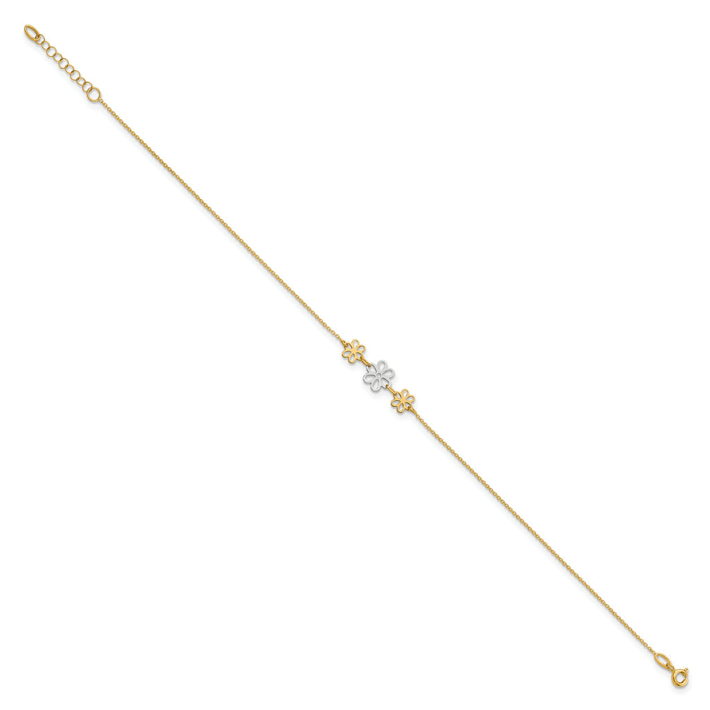 14K Two-tone Polished Three Flower 9in Plus 1in ext Anklet
