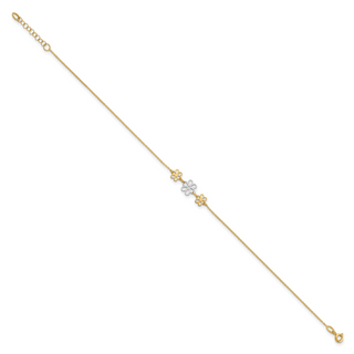 14K Two-tone Polished Three Flower 9in Plus 1in ext Anklet