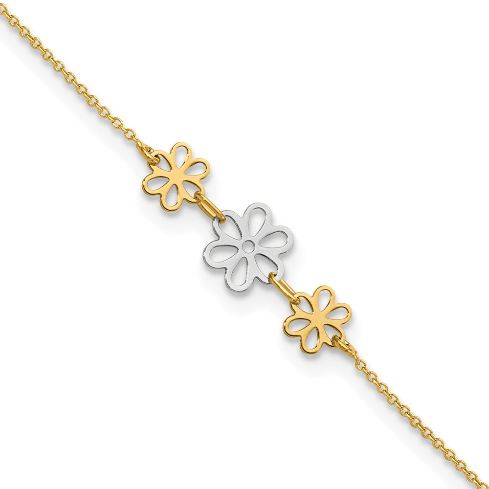 14K Two-tone Polished Three Flower 9in Plus 1in ext Anklet