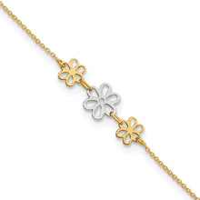 Load image into Gallery viewer, 14K Two-tone Polished Three Flower 9in Plus 1in ext Anklet