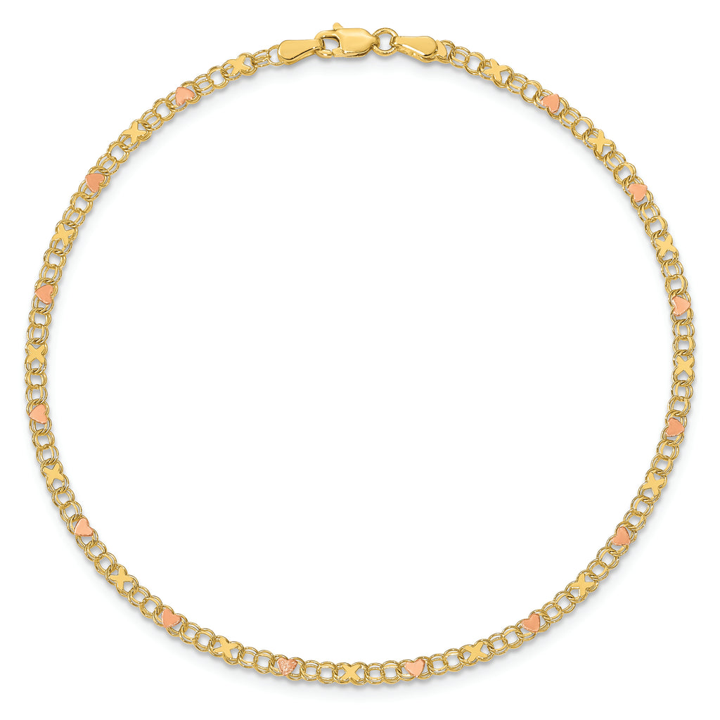 14k and Rose Rhodium X's and Hearts 10in Anklet